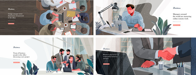 Fototapeta Business, finance and marketing. Vector illustration of working businessmen, people in a meeting at the table, teamwork, making a deal and men at the computer. obraz