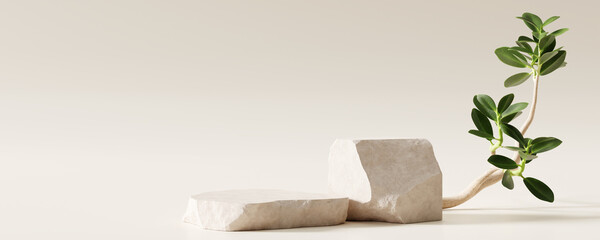 Stone product display podium with nature leaves on brown background. 3D rendering	 - obrazy, fototapety, plakaty