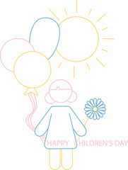 illustration of cartoon girl holding flower and balloons near happy childrens day lettering on white.
