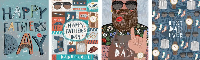 Happy Father's Day! Vector cute illustration of dad, text, male objects, pattern for postcard, card, poster or background - obrazy, fototapety, plakaty