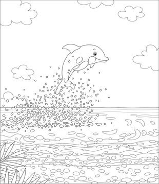 Merry playful little dolphin in splashes jumping out of water near a sandy beach of a palm island in a tropical sea, black and white vector cartoon illustration for a coloring book page