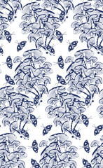Fototapeta premium Pattern mushrooms and butterflies in vintage style, blue on white