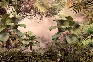 tropische Bäume und Blätter Tapetendesign im nebligen Wald - 3D-Darstellung © Bilstock