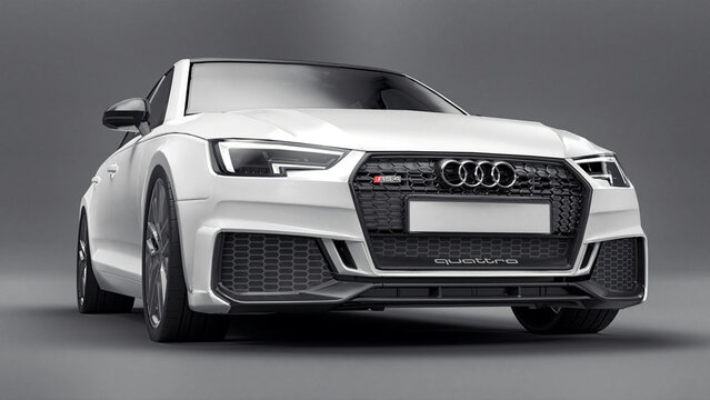 Paris, France. June 9, 2021: White Audi RS4 Quattro 2018 luxury stylish car isolated on gray background. 3d rendering.
