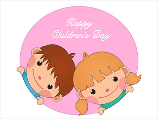 illustration of smiling boy and girl near happy childrens day lettering on pink.