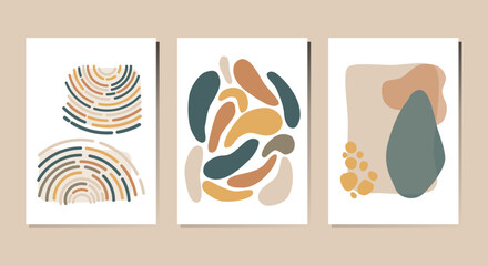 Vector Set of Abstract compositions in Boho Style. Line, circle and shapes. Earthy colors. Used for interior design, posters, postcards, printing, banner
