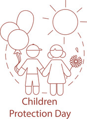 cartoon boy and girl holding hands near children protection day lettering on white.