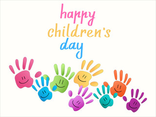 illustration of colorful hand palms near happy childrens day lettering on white.