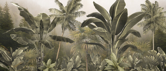 tropical trees and leaves wallpaper design in foggy forest - 3D illustration
 - obrazy, fototapety, plakaty