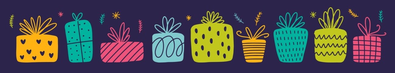 Vector Christmas pattern with hand-drawn gift boxes