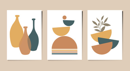 Vector Set of Abstract compositions in Boho Style. Vases, plates, pots and leaves. Earthy colors. Used for interior design, posters, postcards, printing, banner