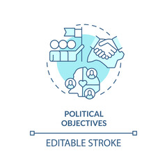 Fototapeta na wymiar Political objectives turquoise concept icon. International cooperation process abstract idea thin line illustration. Isolated outline drawing. Editable stroke. Arial, Myriad Pro-Bold fonts used