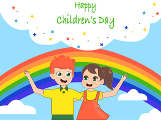 illustration of happy boy and girl near rainbow and happy childrens day lettering.