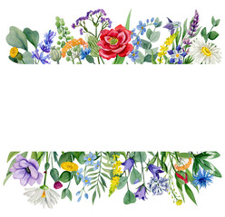 Horizontal watercolor frame with wild flowers