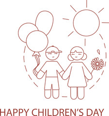 illustration of cartoon boy and girl holding hands, international children day concept.