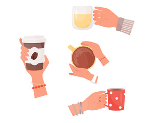 Collection of hands holding hot drinks. Flat cartoon vector illustration set.