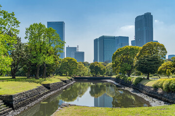 東京都中央区　浜離宮恩賜庭園　日本庭園と高層ビル　御堀