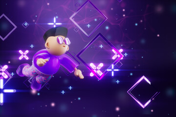 Naklejka premium Cartoon character inside Virtual Digital Reality, metaverse. Future, metaverse technology concept, cyberuniverse, communication, blockchain, futuristic network. 3D illustration, 3D rendering.