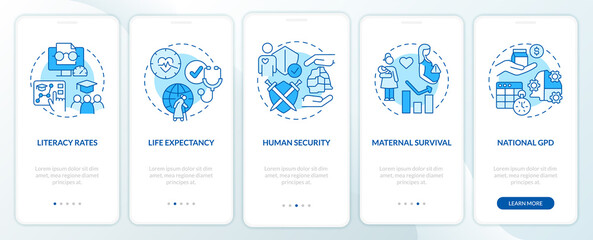 Fototapeta na wymiar Measures of human development blue onboarding mobile app screen. Walkthrough 5 steps graphic instructions pages with linear concepts. UI, UX, GUI template. Myriad Pro-Bold, Regular fonts used