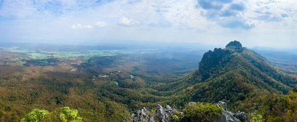 Aerial view of Wat Chaloem Phra Kiat Phrachomklao Rachanusorn, sky pagodas on top of mountain in...