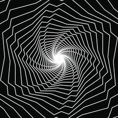 Abstract wireframe tunnel. The white line rotates on the black background. Vector illustration.