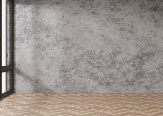 Empty room, concrete wall and parquet floor. Only wall and floor. Mock up interior. Free, copy space for your furniture, picture, decoration and other objects. 3D rendering.
