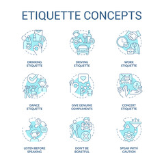 Etiquette turquoise concept icons set. Set of rules and norms. Ethical behavior idea thin line color illustrations. Isolated symbols. Editable stroke. Roboto-Medium, Myriad Pro-Bold fonts used
