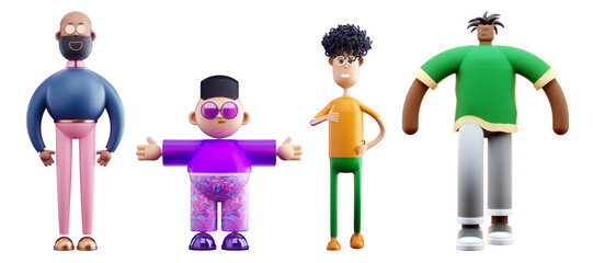 Set of funny cartoon 3D characters isolated on white background. Modern design, magazine style. 3D illustration, 3D render.