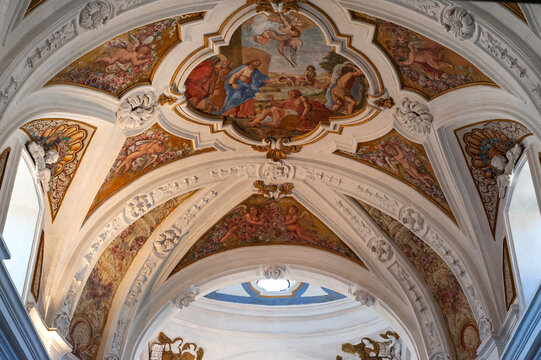 The interior with frescoes of the church of Certosa di San Lorenzo, in Padula, Italy.