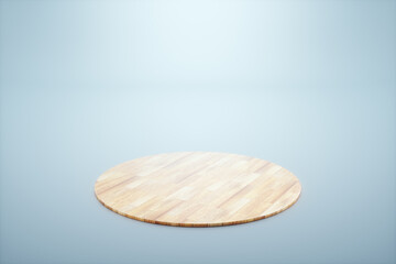 Wooden pedestal, design showcase platform, empty stand on light background. 3D illustration, 3D rendering.