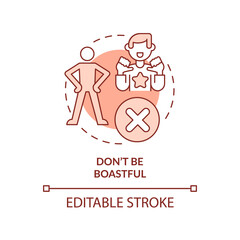 Do not be boastful red concept icon. Be modest and humble. Basic etiquette rule abstract idea thin line illustration. Isolated outline drawing. Editable stroke. Arial, Myriad Pro-Bold fonts used