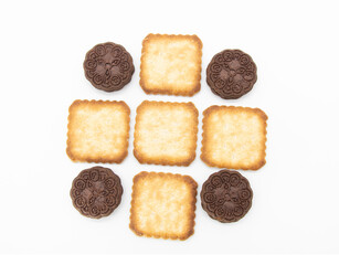 two types biscuit or cookies isolated on white background, Top view, rectangular design