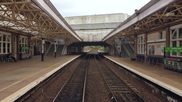 Drone flight along the sidings at the train station in Arbroath.