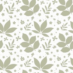 Raster illustration with the image of a background pattern with flowers, leaves and plants. The plant background is solid seamless. Green, yellow, red, gray. For collage, design, websites, articles