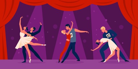 Dance contest. Sports pair dancing tournament, professional dancers characters on stage, group program, performing show. Different types dance latin, tango and waltz. Vector concept