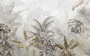tropical trees and leaves wallpaper design in foggy forest - 3D illustration
- 502459684