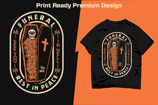 Vintage Skull in Coffin with Flowers Apparel Design Print-Ready Vector. Funeral, Rest in peace grunge vector