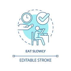 Eat slowly turquoise concept icon. Do not hurry. Table manners. Restaurant etiquette abstract idea thin line illustration. Isolated outline drawing. Editable stroke. Arial, Myriad Pro-Bold fonts used
