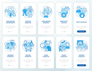 Etiquette blue onboarding mobile app screen set. Basic rules walkthrough 5 steps graphic instructions pages with linear concepts. UI, UX, GUI template. Myriad Pro-Bold, Regular fonts used