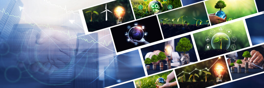 Collage of images that promote green energy. Developing and growing ecological and sustainable businesses. Sustainable development on renewable energy.Renewable energy-based green businesses