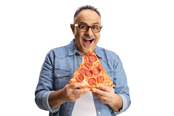 Cheerful mature man eating pepperoni pizza and looking at camera