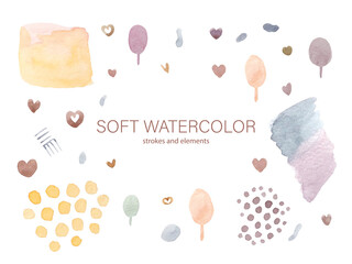 Watercolor set of soft elements. Strokes, drops and hearts