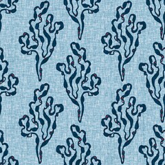 Indigo blue seaweed nautical seamless pattern. Marine kelp plant print in nantucket textile hand drawn block print style. Summer 2 tone high contrast linen fabric effect jpg swatch
