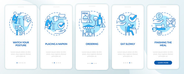 Restaurant etiquette blue onboarding mobile app screen. Table manners walkthrough 5 steps graphic instructions pages with linear concepts. UI, UX, GUI template. Myriad Pro-Bold, Regular fonts used