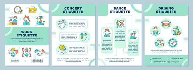 Etiquette types brochure template. Ethical code. Rules and norms. Leaflet design with linear icons. 4 vector layouts for presentation, annual reports. Arial-Black, Myriad Pro-Regular fonts used