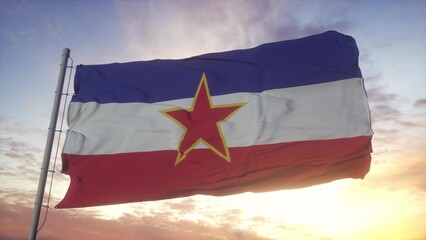 The national flag of Yugoslavia flutters in the wind. 3d rendering - obrazy, fototapety, plakaty