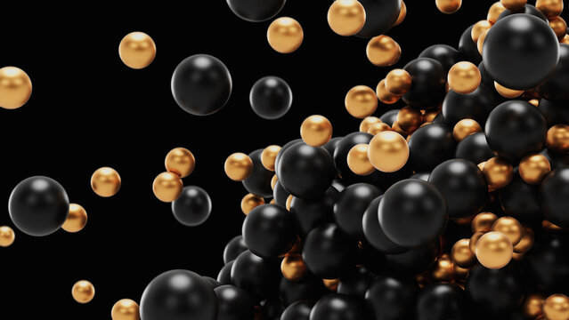 3d render Black and gold geometric balls hit each other with a magnet in a pile in the form of a ball in the air