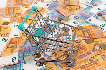 Obraz premium mini shopping cart on the background of euro coins and banknotes, close-up