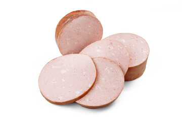 Slices of sausage Mortadella isolated on white background.