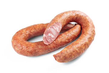 Photo of smoked pork sausages isolated on white background.